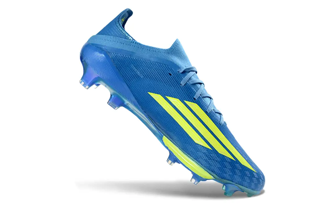 Adidas F50+ Elite FG football shoe on a soccer player's foot, highlighting the shoe's lightweight and responsive design.