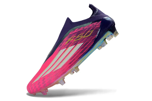 Close-up of Adidas F50 Elite FG Laceless football boots showcasing their laceless technology and sleek style.