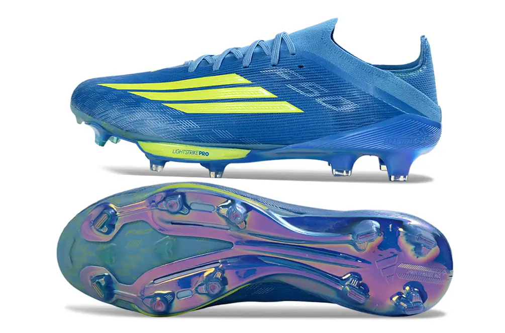 Adidas F50+ Elite FG football shoe, demonstrating the shoe's exceptional speed and agility features, ideal for professional s