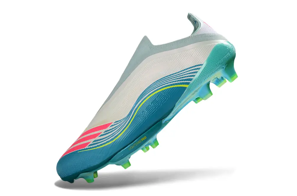 Close-up of Adidas F50+ Elite Firm Ground Football Boots Laceless Messi