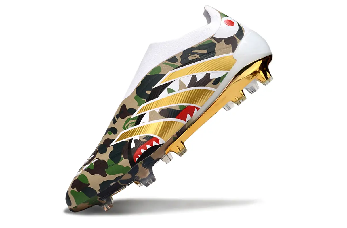 Adidas Predator Elite FG Laceless x BAPE heel detail – featuring BAPE’s ape head logo and Adidas branding in a limited-edition collaboration.