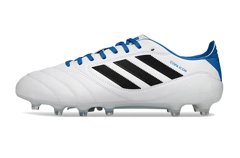 Adidas Copa Icon II Elite FG white leather football boot with black three stripes and blue laces.