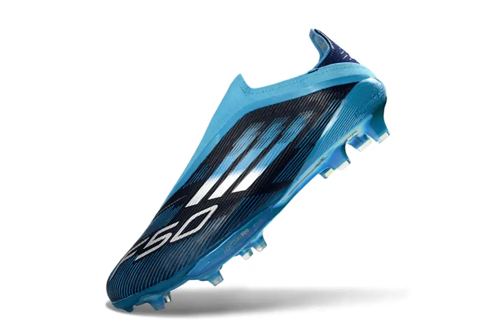Close-up of Adidas F50+ Elite FG Laceless Football Boot, showcasing innovative design